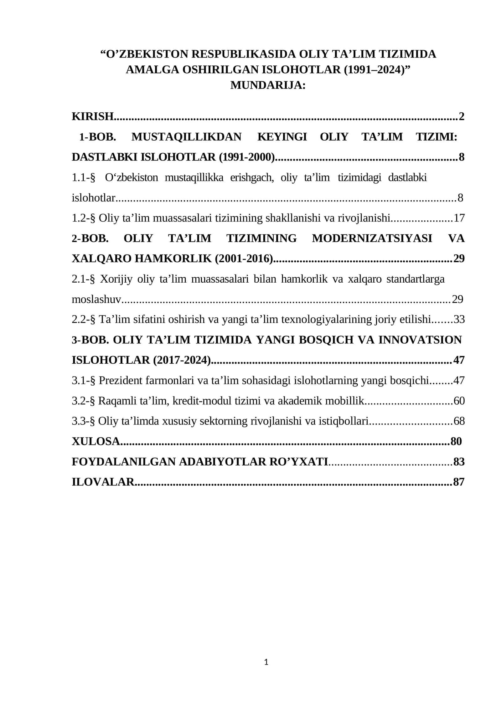 O’ZBEKISTON RESPUBLIKASIDA OLIY TA’LIM TIZIMIDA AMALGA OSHIRILGAN ISLOHOTLAR (1991–2025) 1