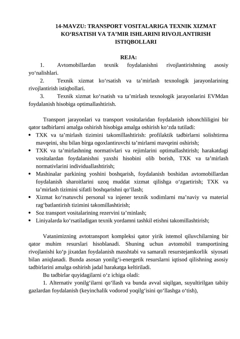 TRANSPORT VOSITALARIGA TEXNIK XIZMAT KO‘RSATISH VA TA’MIR ISHLARINI RIVOJLANTIRISH ISTIQBOLLARI 1