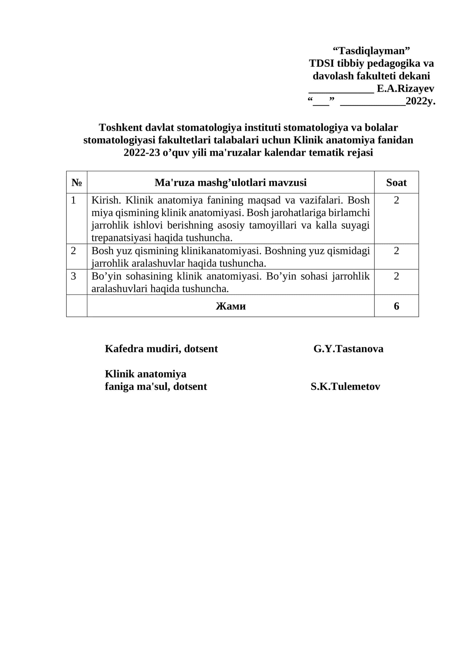 Klinik anatomiya fanidan 2022-23 o’quv yili ma'ruzalar kalendar tematik rejasi 1