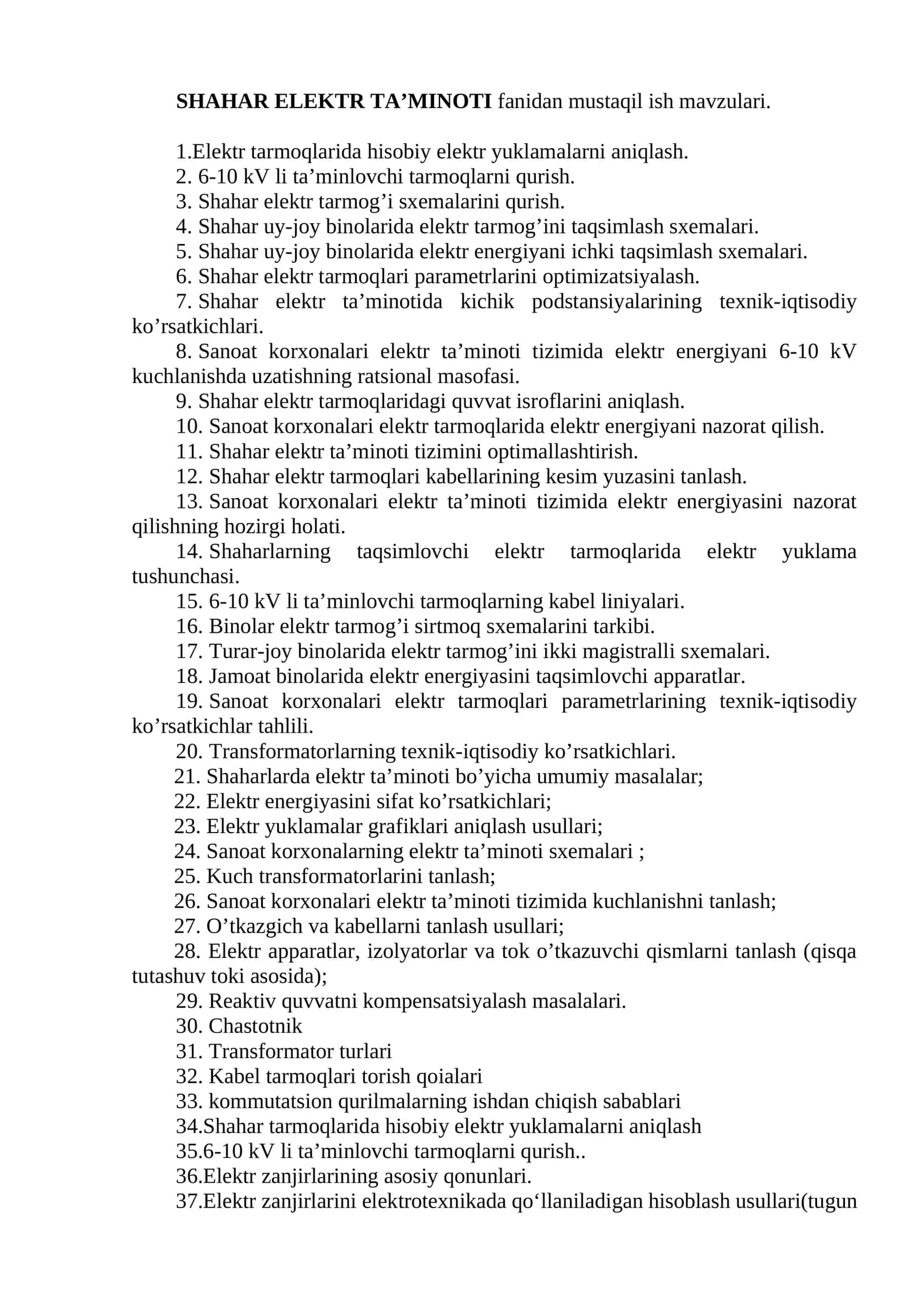 SHAHAR ELEKTR TA’MINOTI fanidan mustaqil ish mavzulari 1