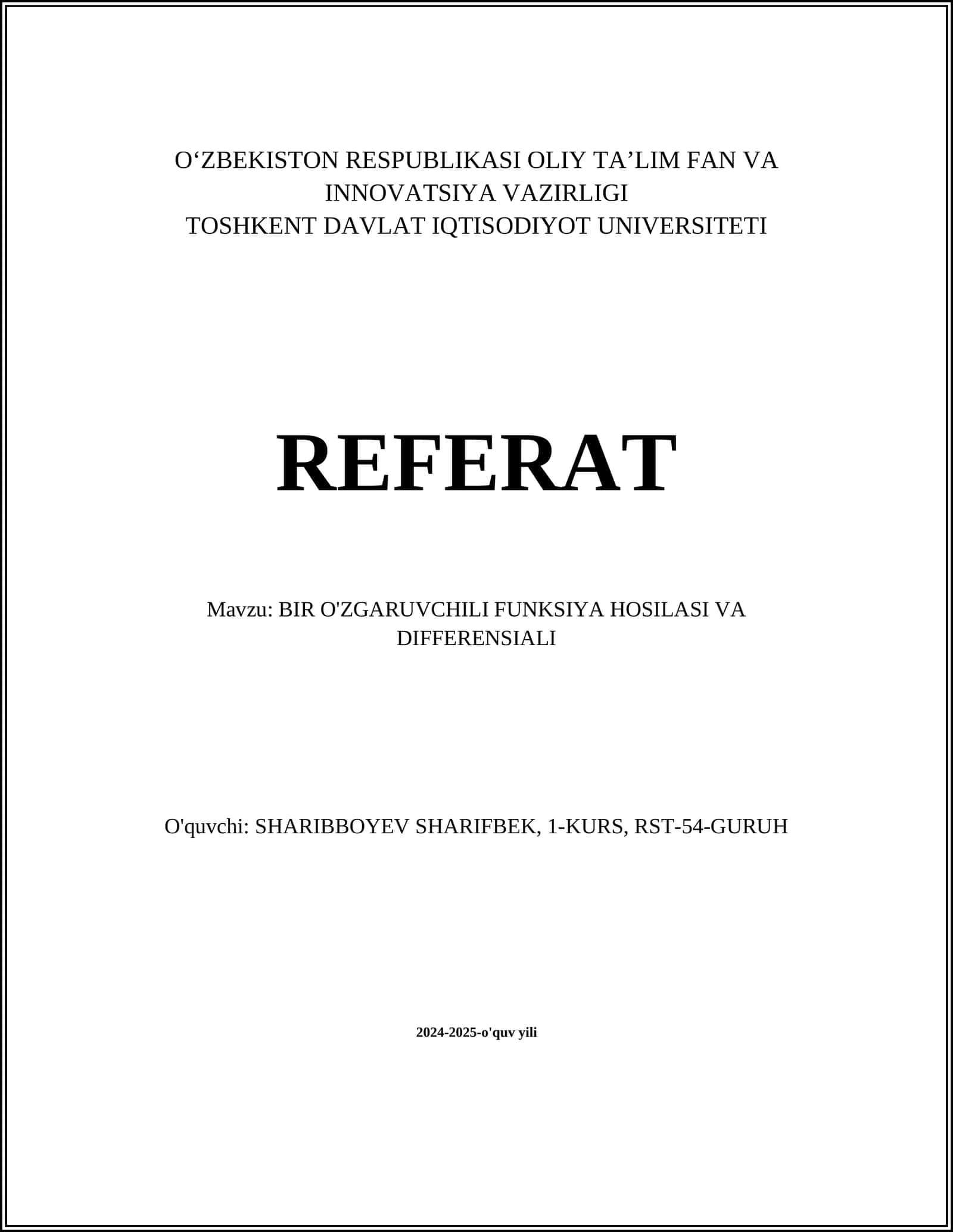 BIR O'ZGARUVCHILI FUNKSIYA HOSILASI VA DIFFERENSIALI 1