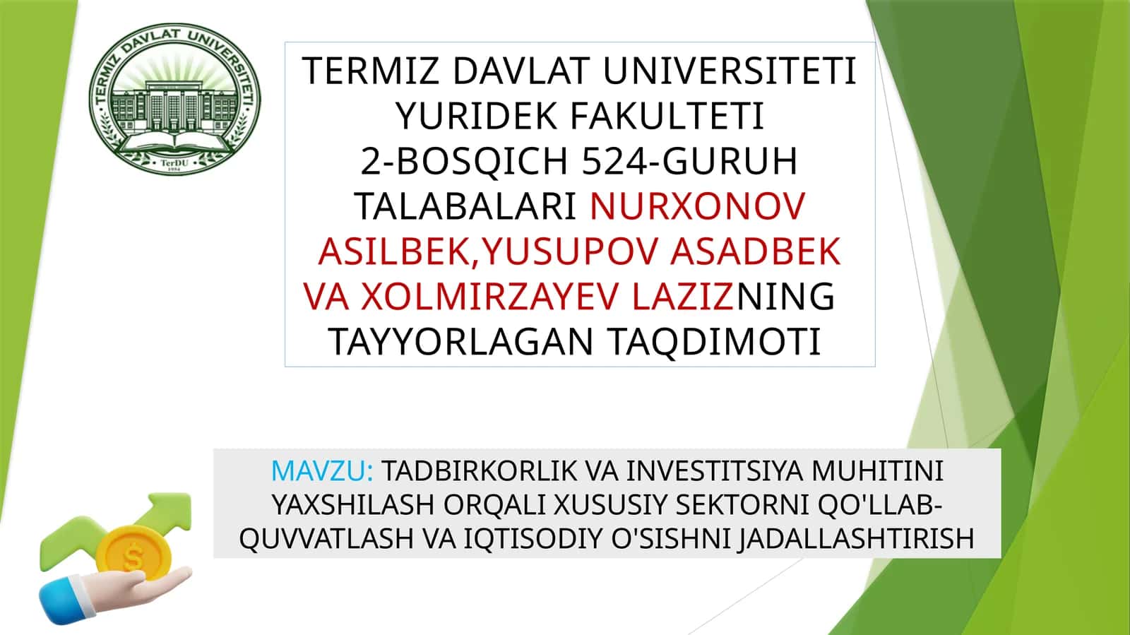 Tadbirkorlik va investitsiya muhitini yaxshilash orqali xususiy sektorni qo'llab-quvvatlash va iqtis 1