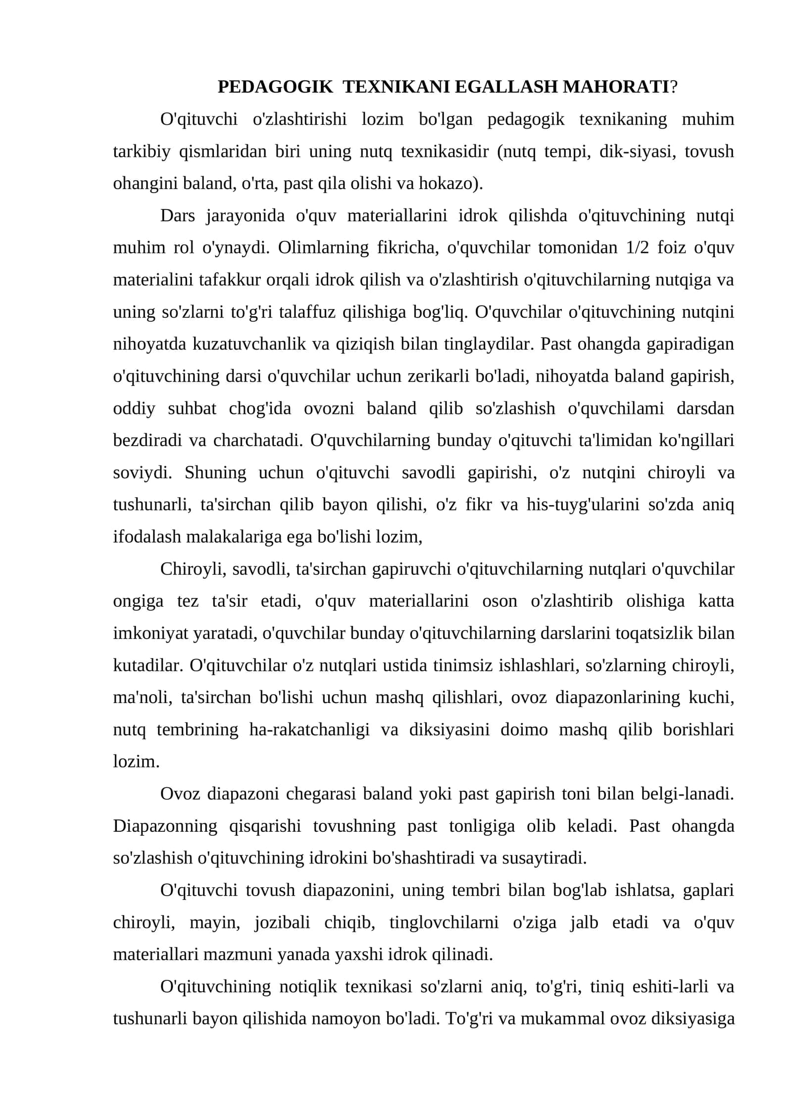 PEDAGOGIK TEXNIKANI EGALLASH MAHORATI 1