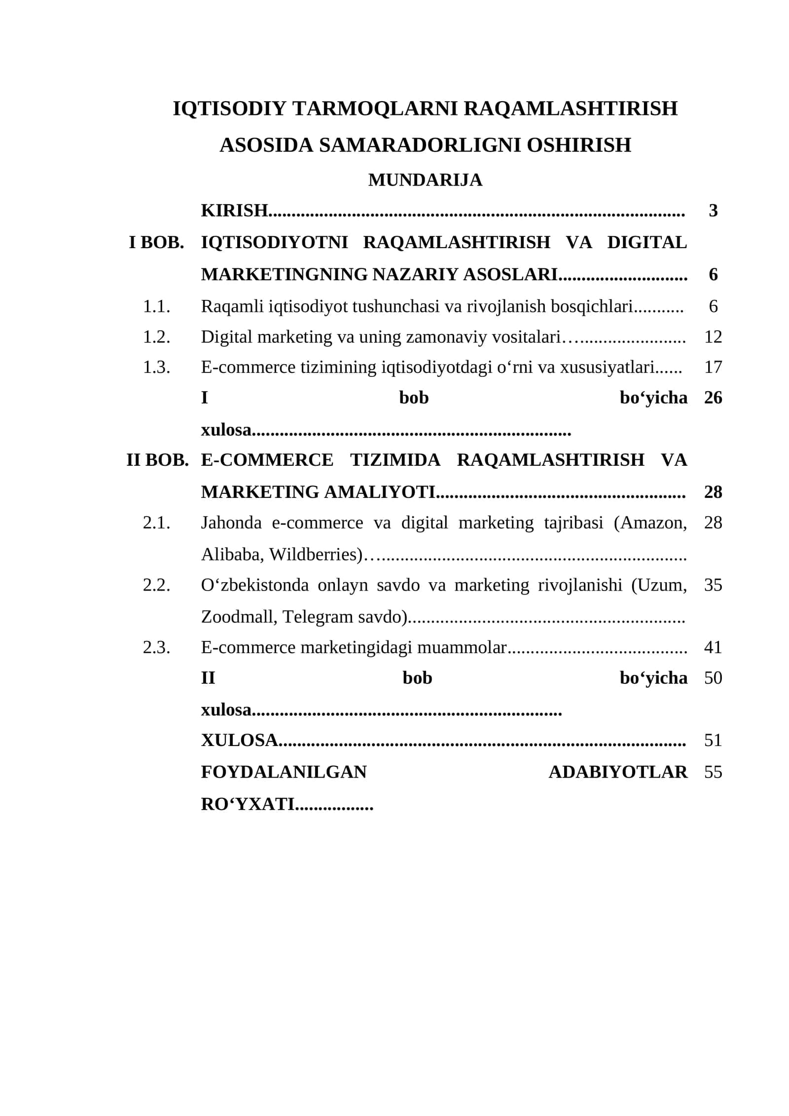 IQTISODIY TARMOQLARNI RAQAMLASHTIRISH ASOSIDA SAMARADORLIGNI OSHIRISH MUNDARIJA 1