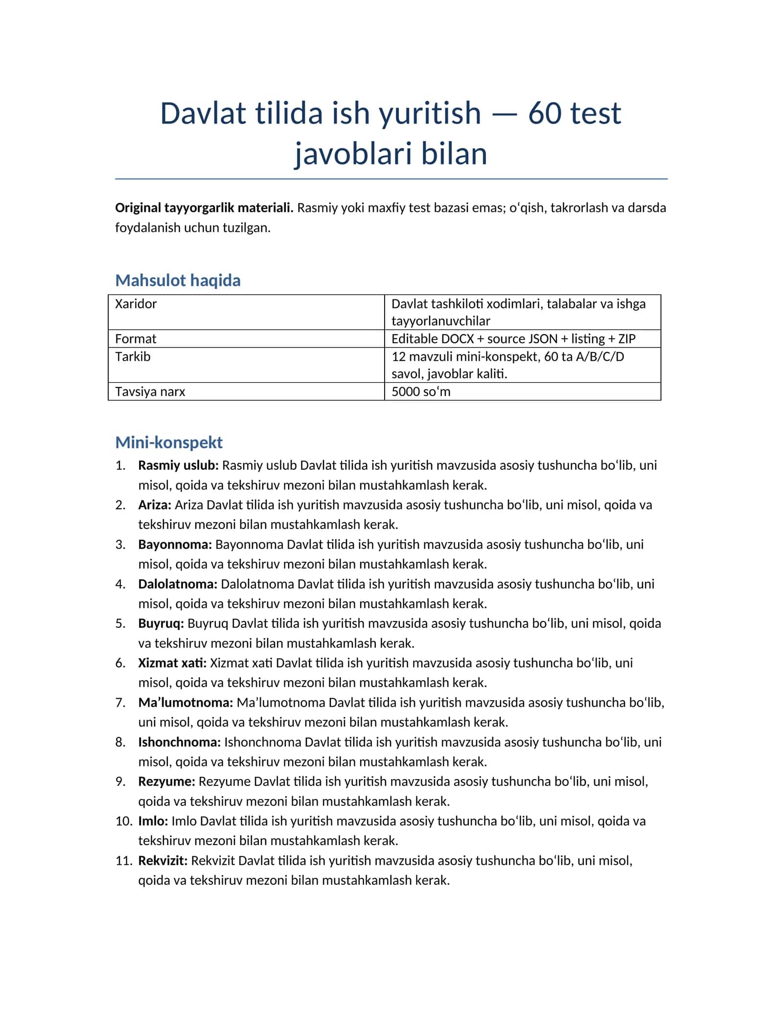 Davlat tilida ish yuritish — 60 test javoblari bilan 1