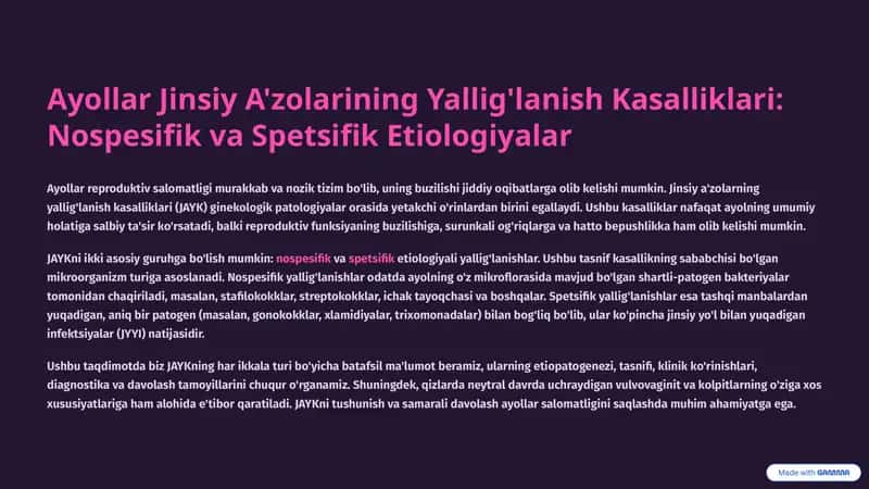 Ayollar Jinsiy A'zolarining Yallig'lanish Kasalliklari: Nospesifik va Spetsifik Etiologiyalar 1