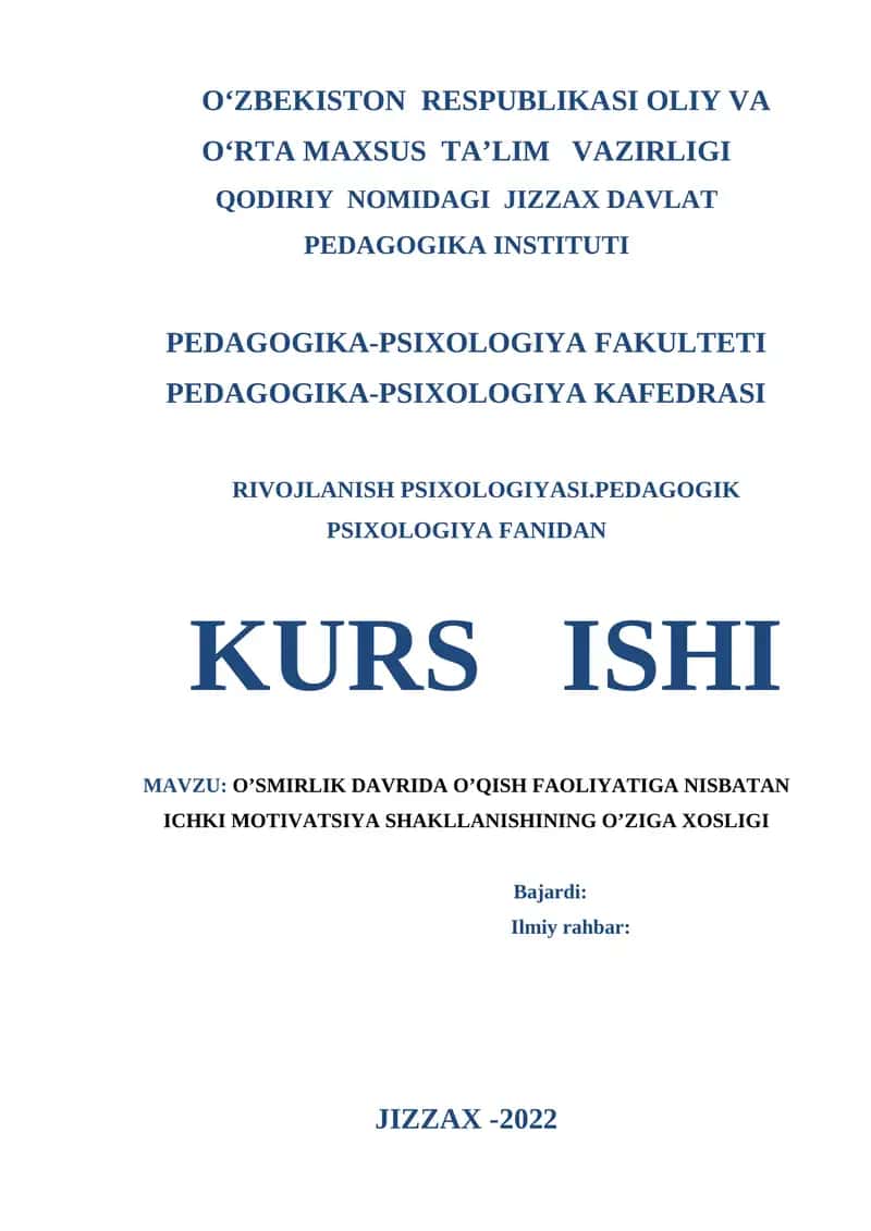 O’SMIRLIK DAVRIDA O’QISH FAOLIYATIGA NISBATAN ICHKI MOTIVATSIYA SHAKLLANISHINING O’ZIGA XOSLIGI 1
