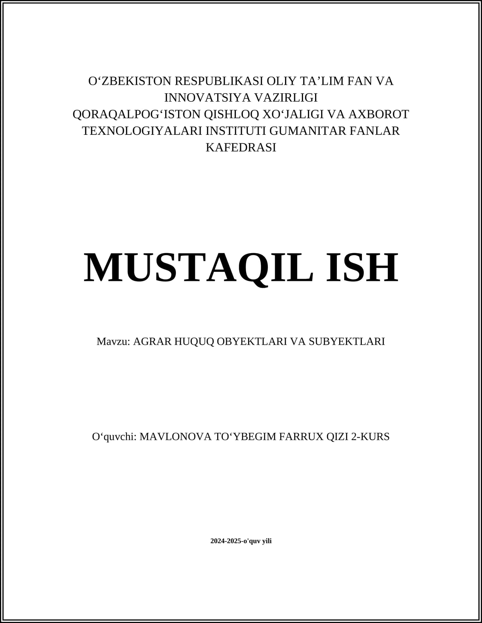 AGRAR HUQUQ OBYEKTLARI VA SUBYEKTLARI 1