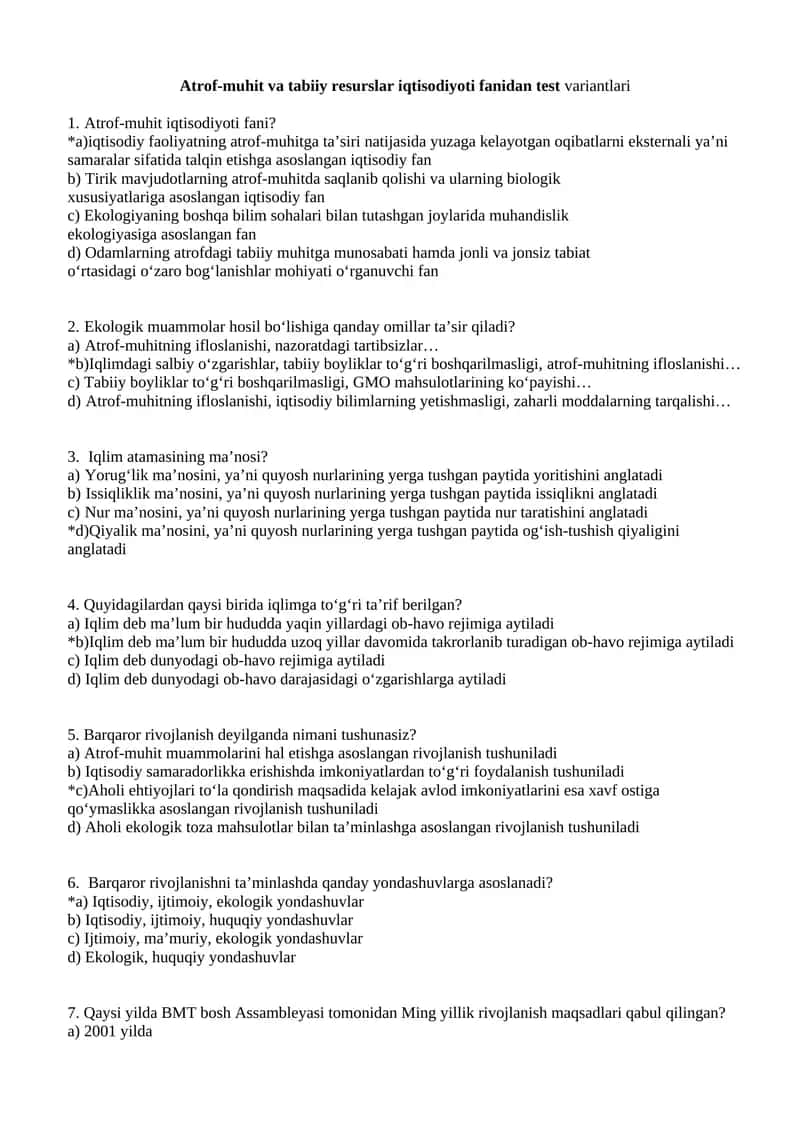 Atrof-muhit va tabiiy resurslar iqtisodiyoti fanidan test variantlari 1