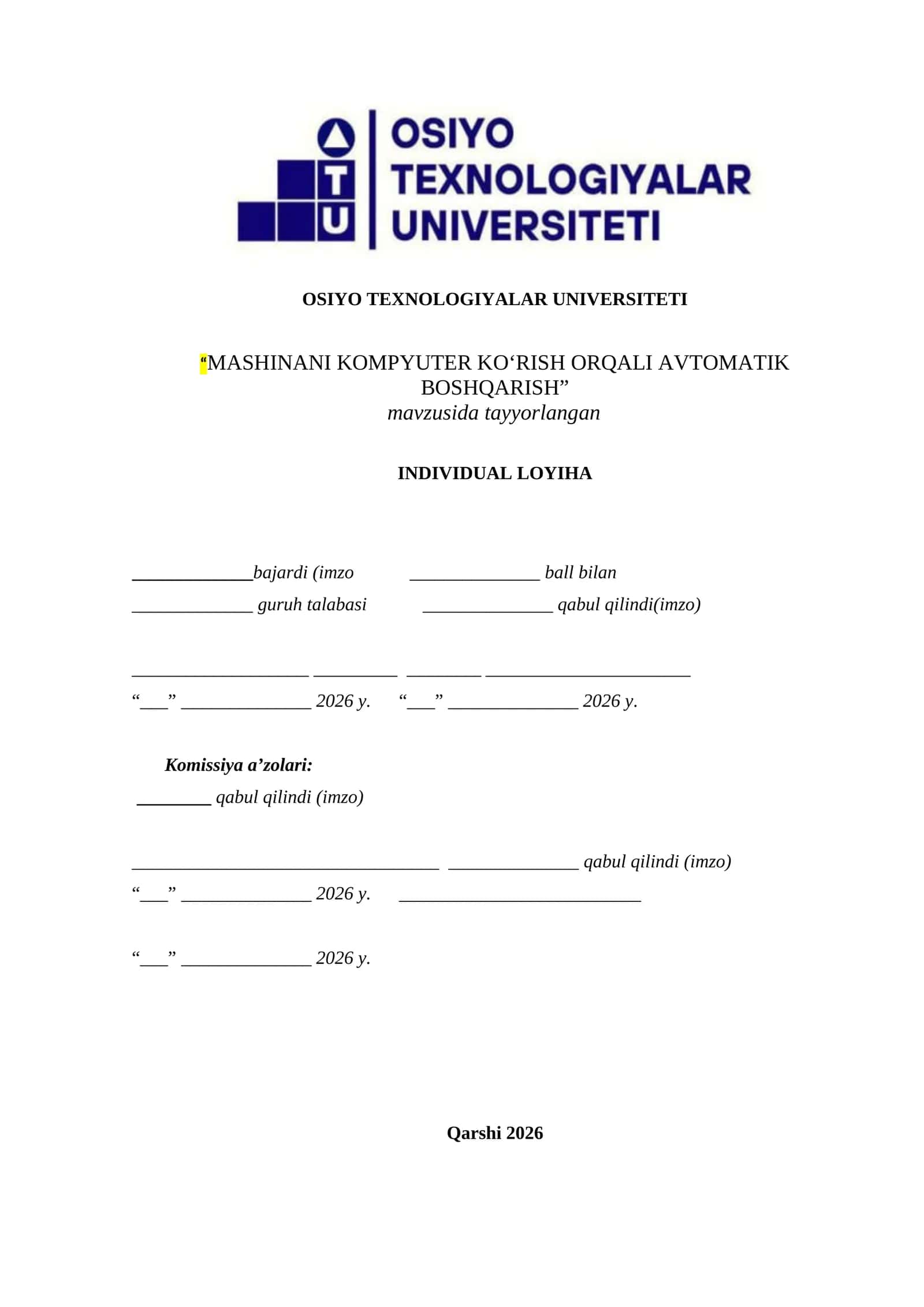 MASHINANI KOMPYUTER KOʻRISH ORQALI AVTOMATIK BOSHQARISH 1
