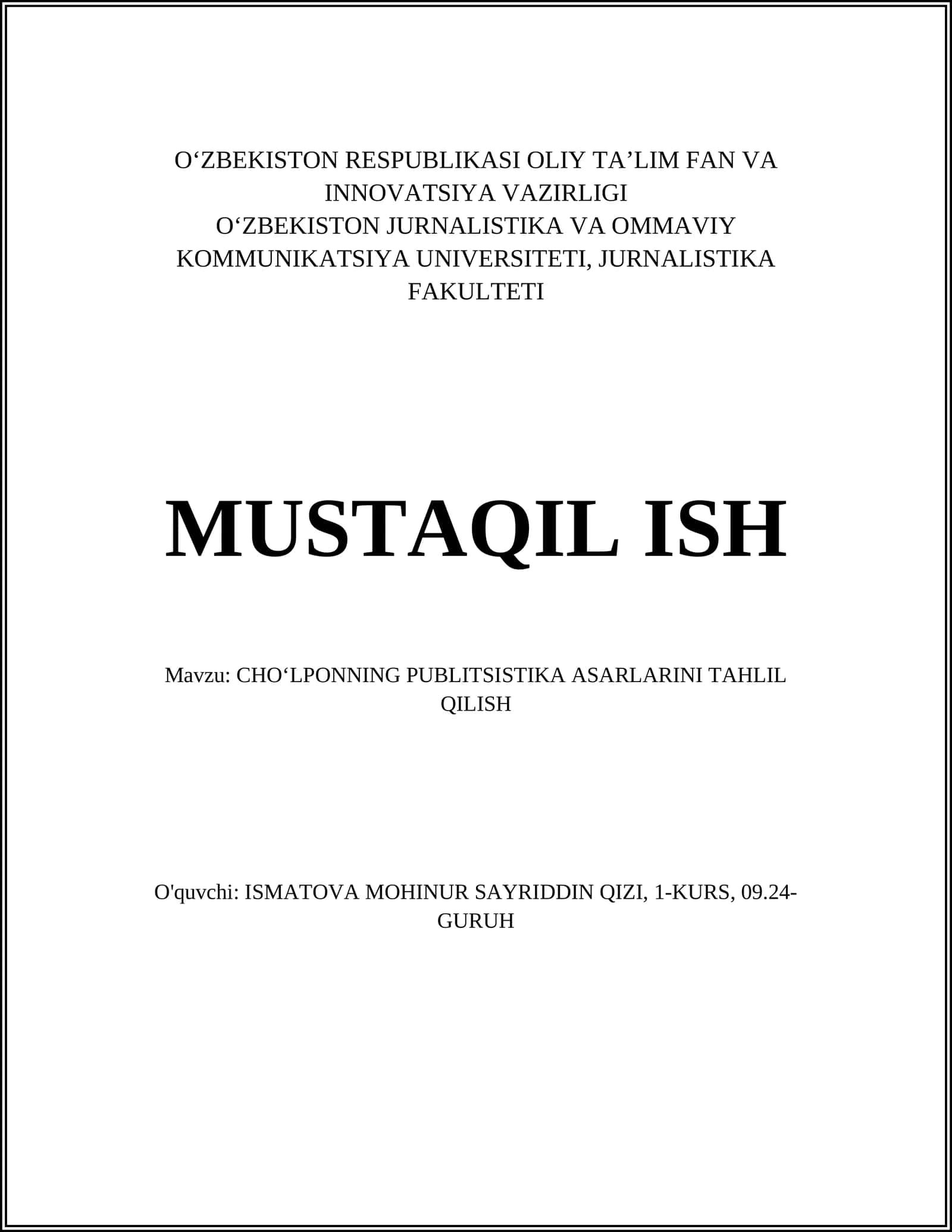 CHO‘LPONNING PUBLITSISTIKA ASARLARINI TAHLIL QILISH 1