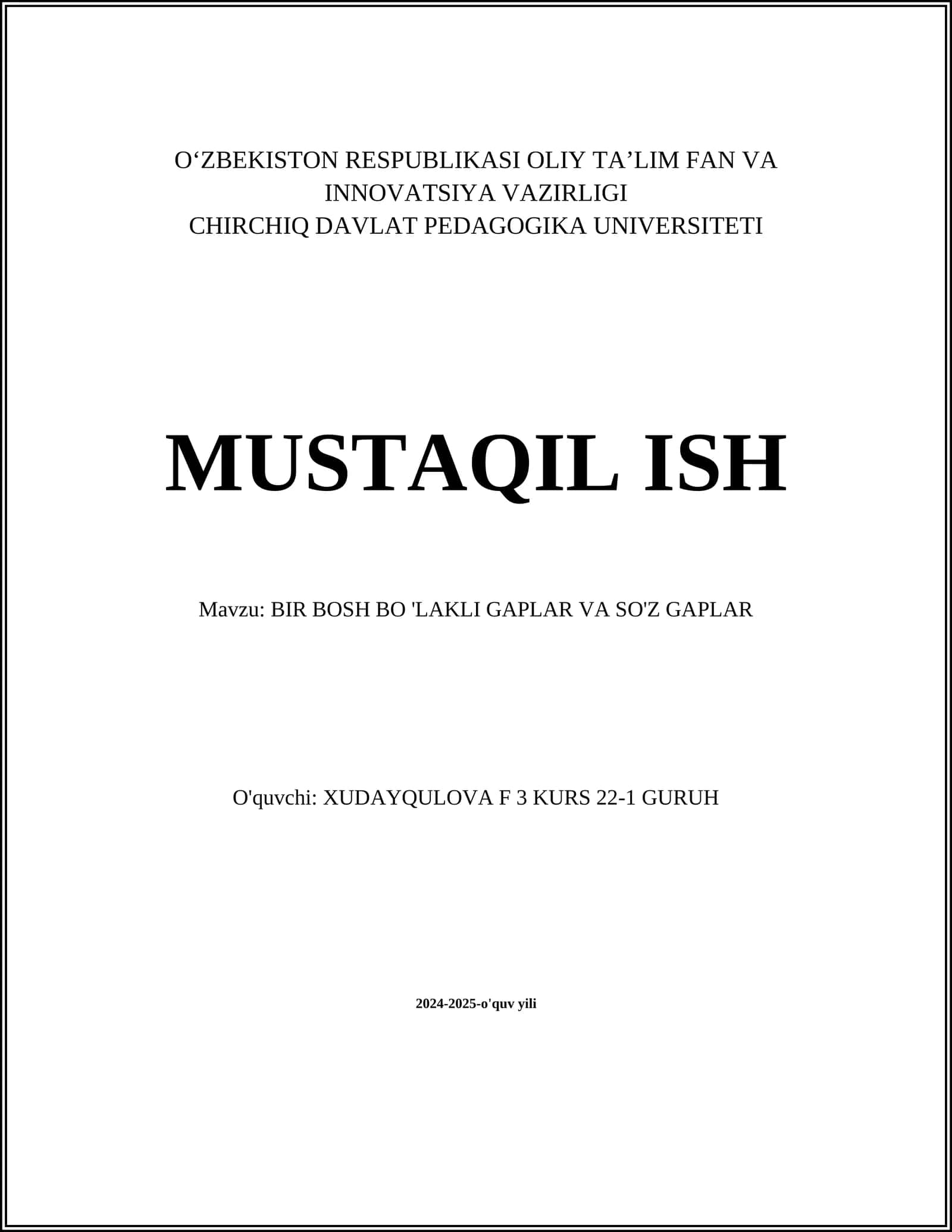 BIR BOSH BO 'LAKLI GAPLAR VA SO'Z GAPLAR 1