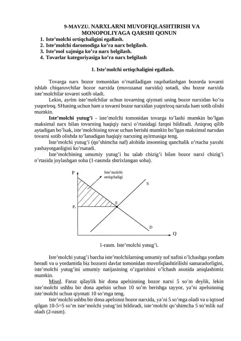 MAVZU. NARXLARNI MUVOFIQLASHTIRISH VA MONOPOLIYAGA QARSHI QONUN