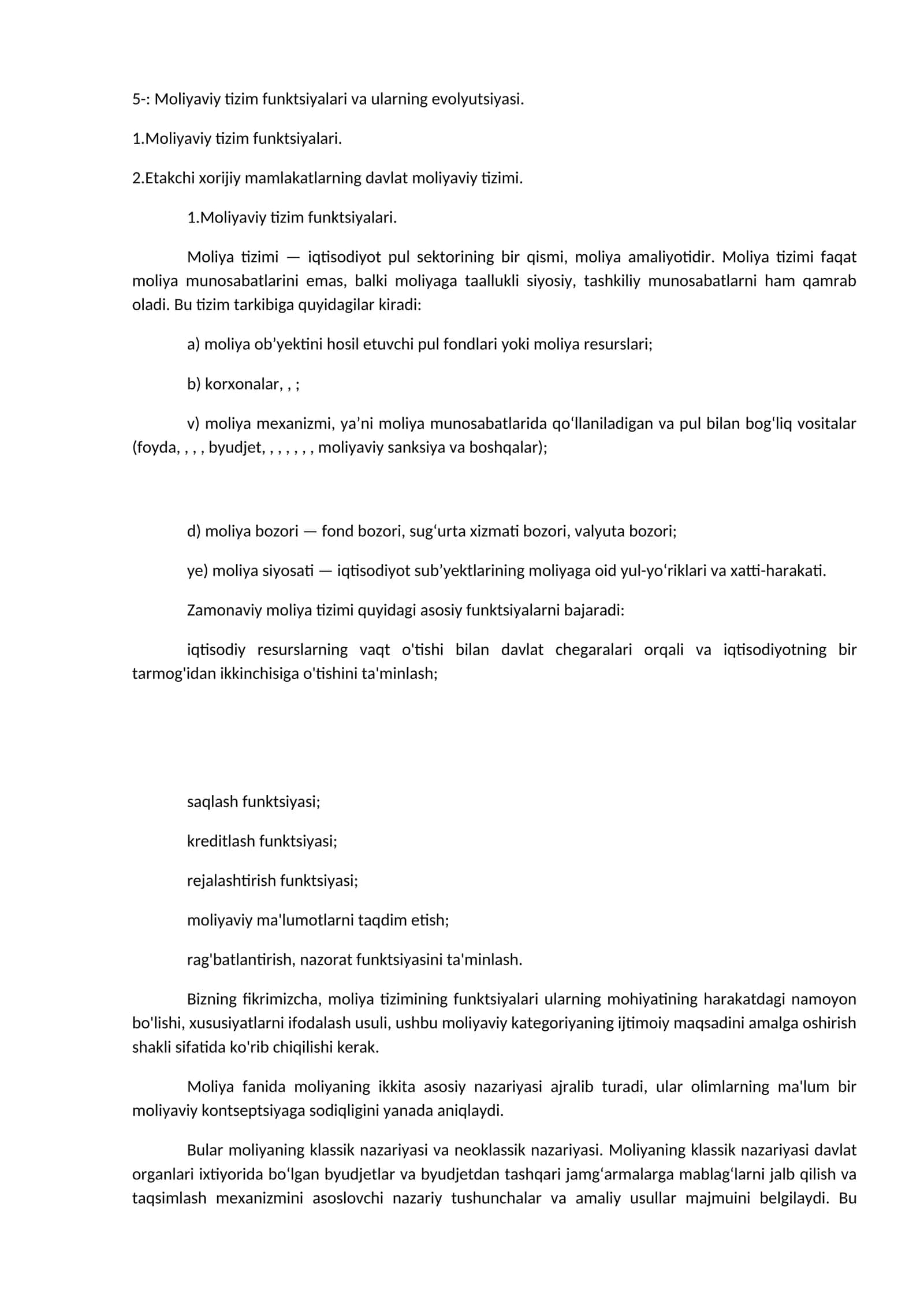 Moliyaviy tizim funktsiyalari va ularning evolyutsiyasi 1