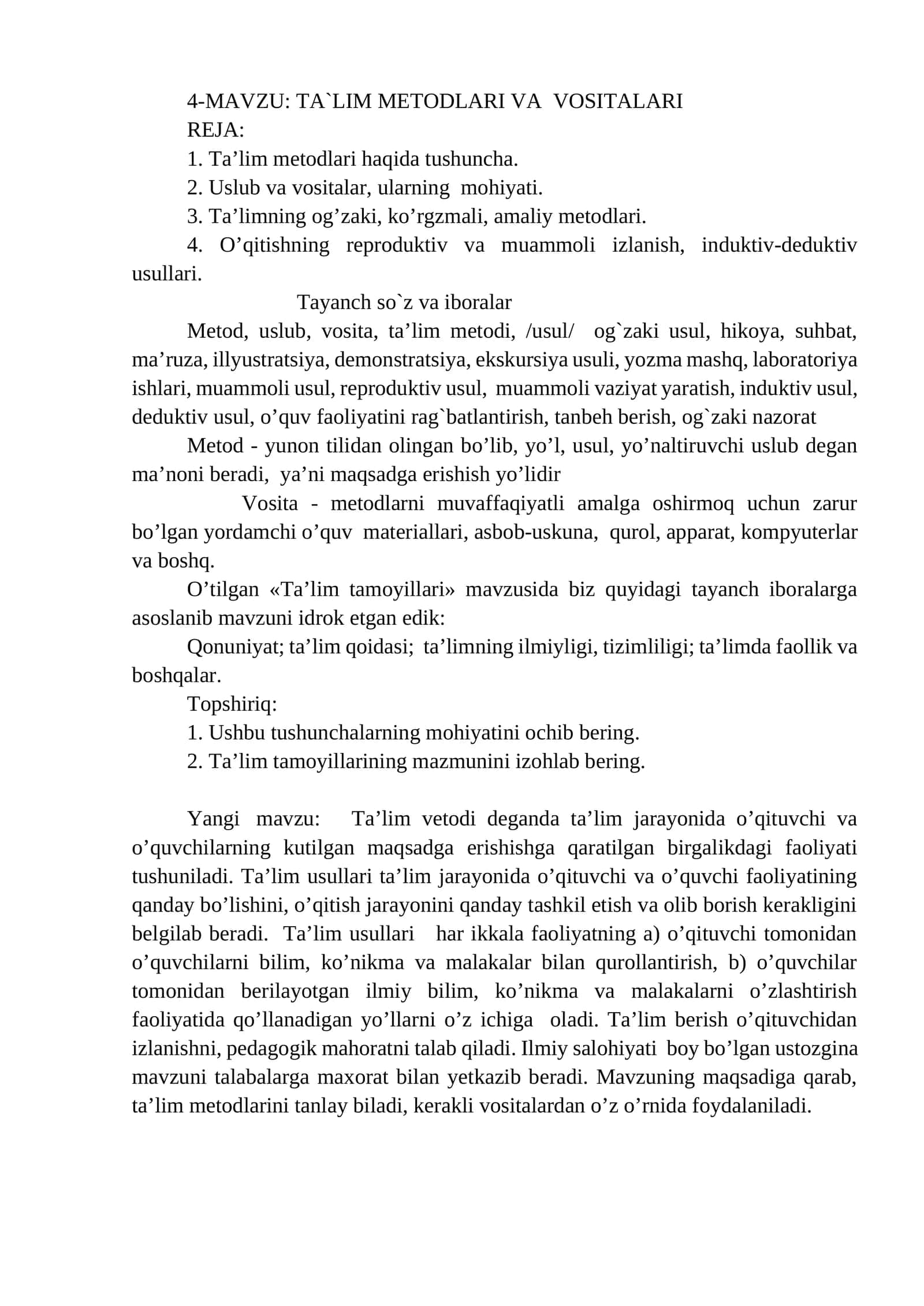 TA`LIM METODLARI VA VOSITALARI 1