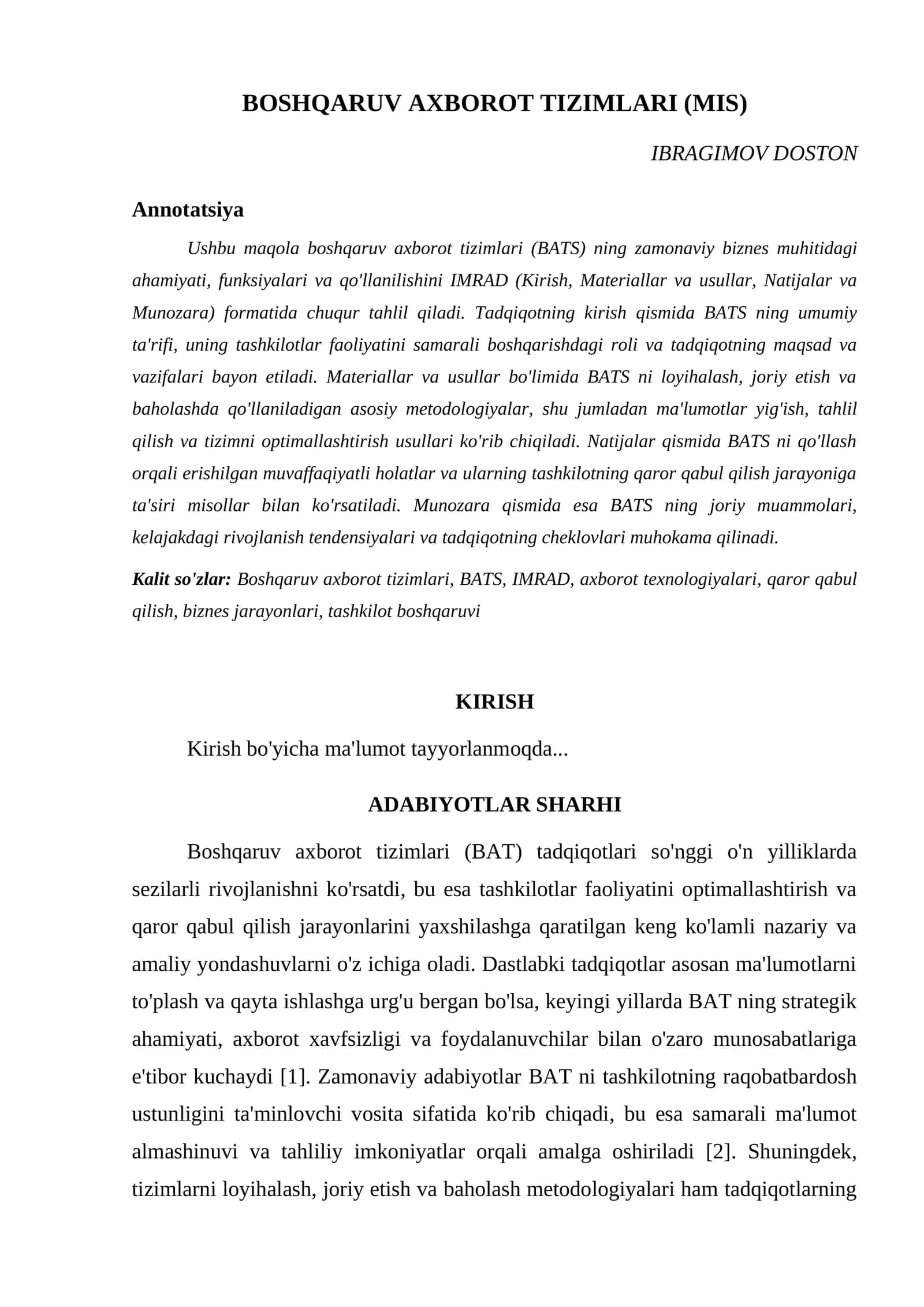 BOSHQARUV AXBOROT TIZIMLARI (MIS) 1