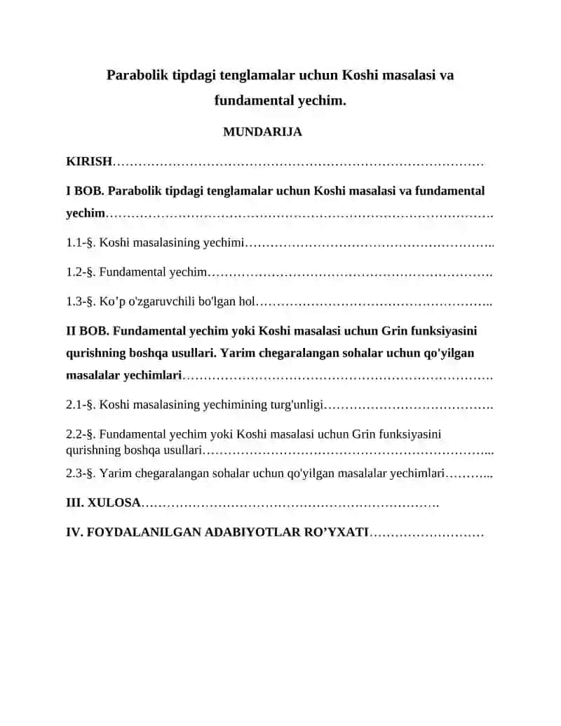 Parabolik tipdagi tenglamalar uchun Koshi masalasi va fundamental yechim
