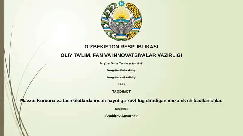 Korxona va tashkilotlarda inson hayotiga xavf tugʻdiradigan mexanik shikastlanishlar 1