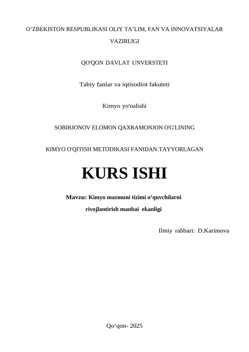 Kimyo mazmuni tizimi o‘quvchilarni rivojlantirish manbai  ekanligi 1
