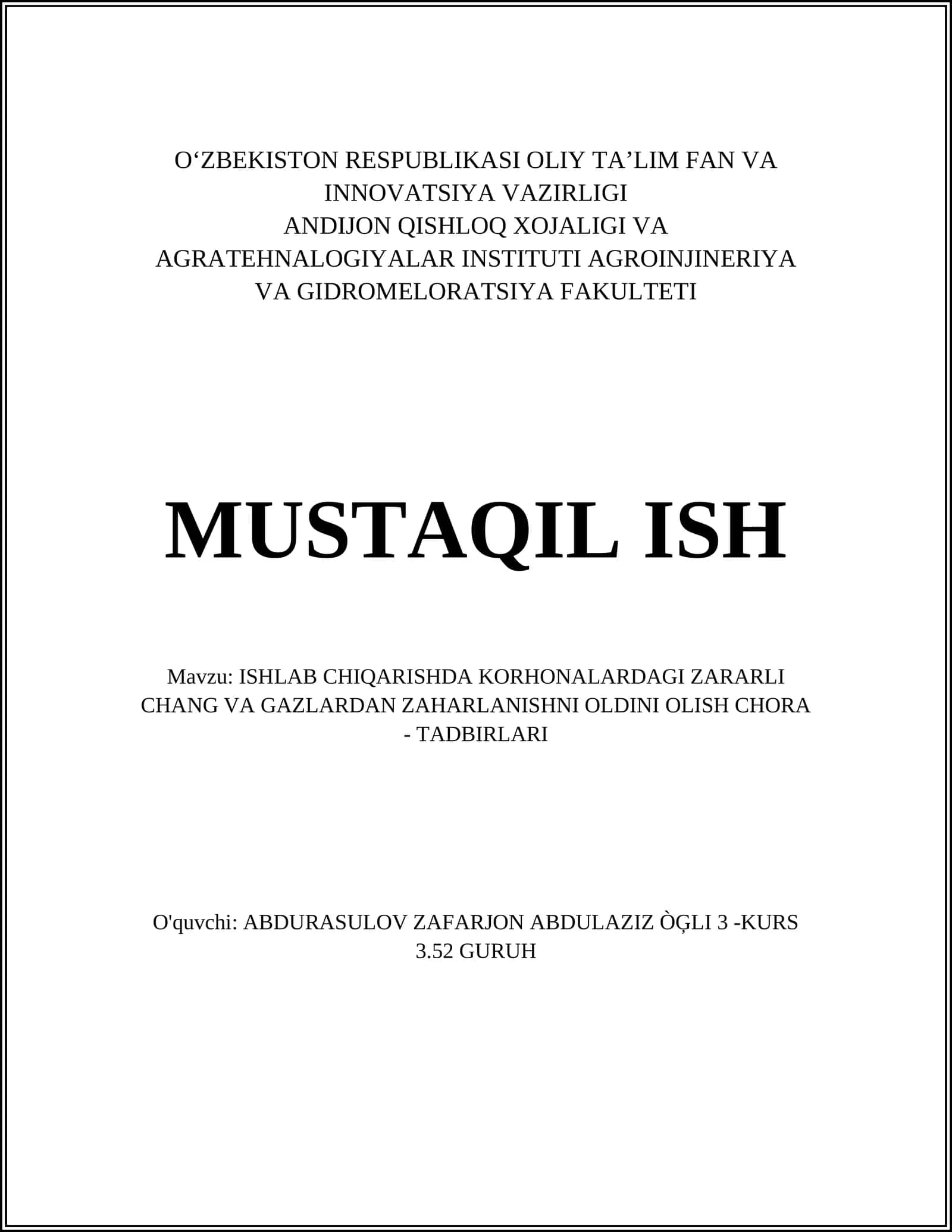 ISHLAB CHIQARISHDA KORHONALARDAGI ZARARLI CHANG VA GAZLARDAN ZAHARLANISHNI OLDINI OLISH CHORA - TADBIRLARI 1