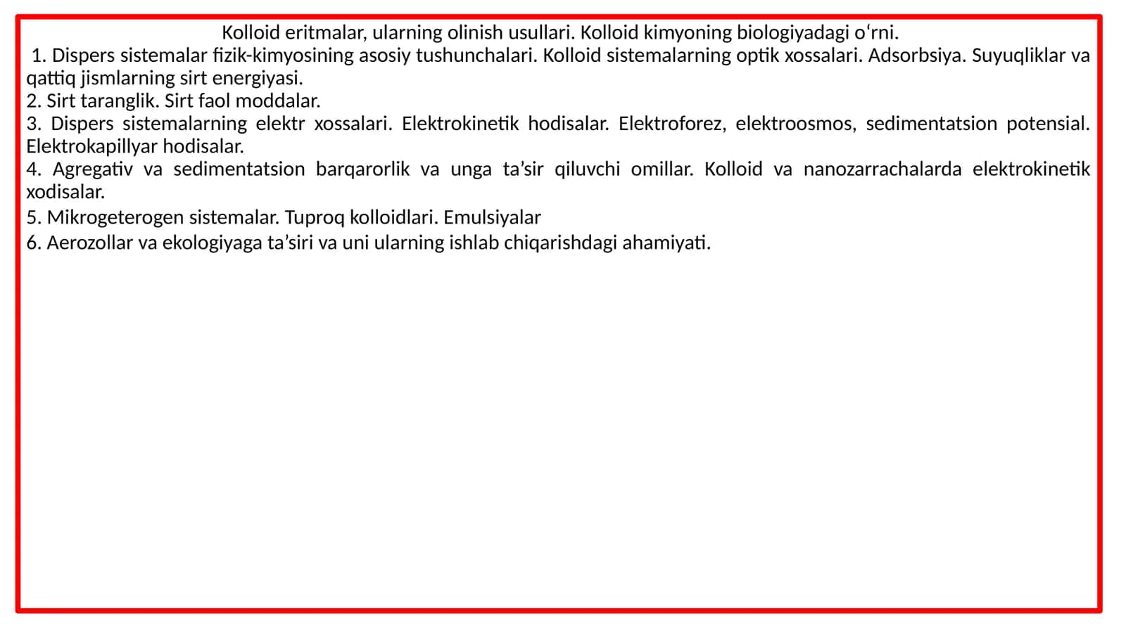 Kolloid kimyo fanidan maʼruzalar 1