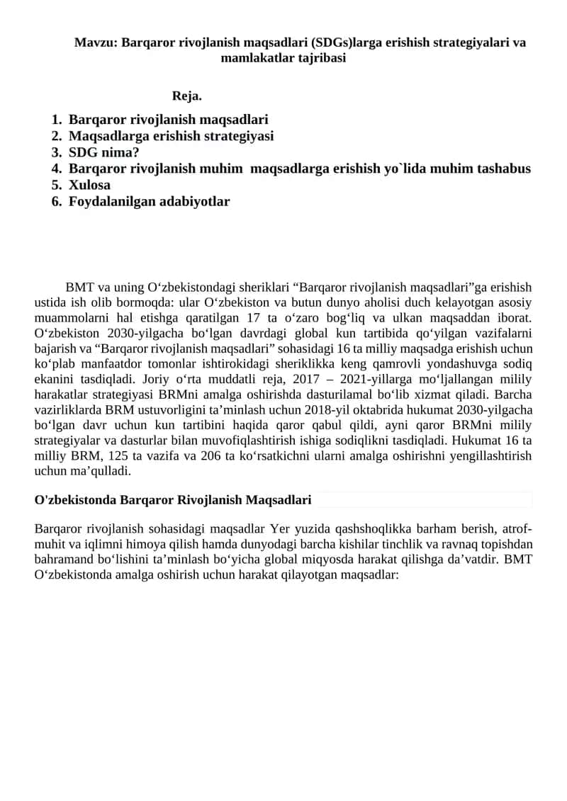 Barqaror rivojlanish maqsadlari (SDGs)larga erishish strategiyalari va mamlakatlar tajribasi 1