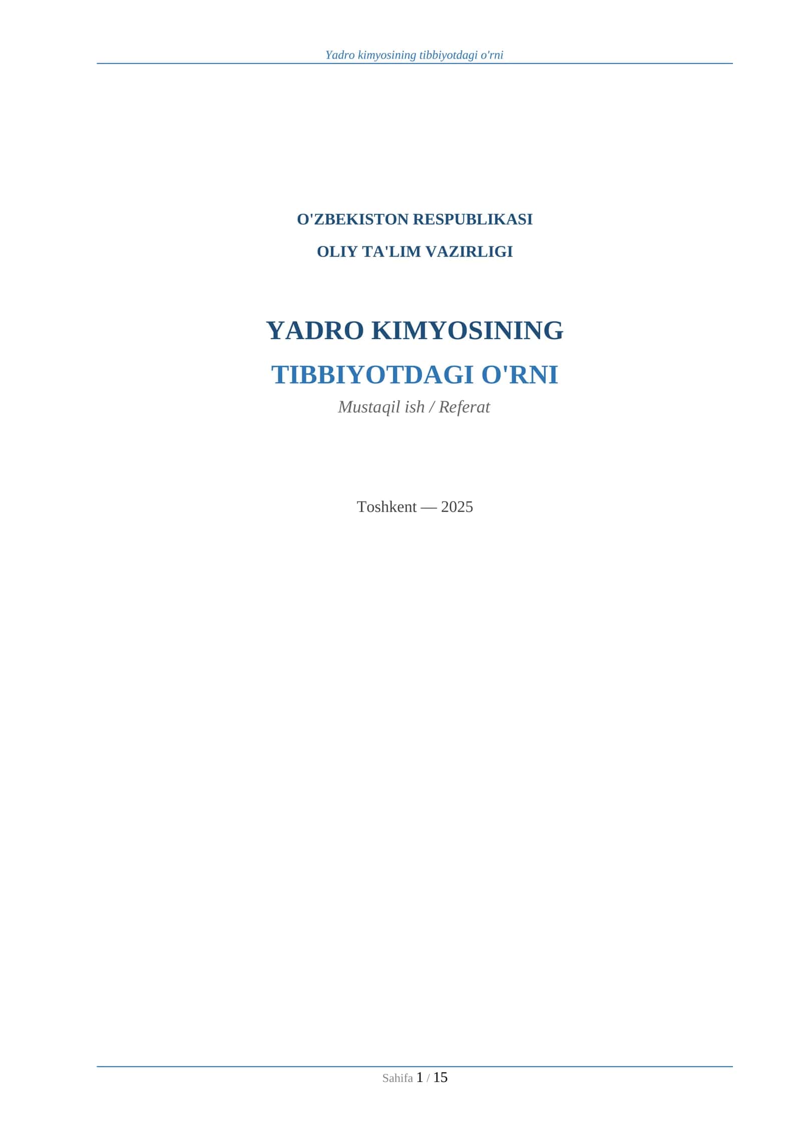 YADRO KIMYOSINING TIBBIYOTDAGI O'RNI 1