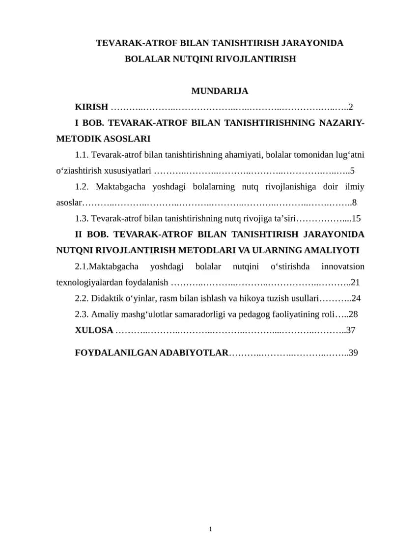 TEVARAK-ATROF BILAN TANISHTIRISH JARAYONIDA BOLALAR NUTQINI RIVOJLANTIRISH 1