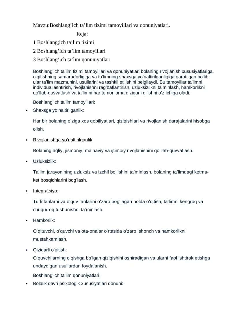 Boshlang’ich ta’lim tizimi tamoyillari va qonuniyatlari 1