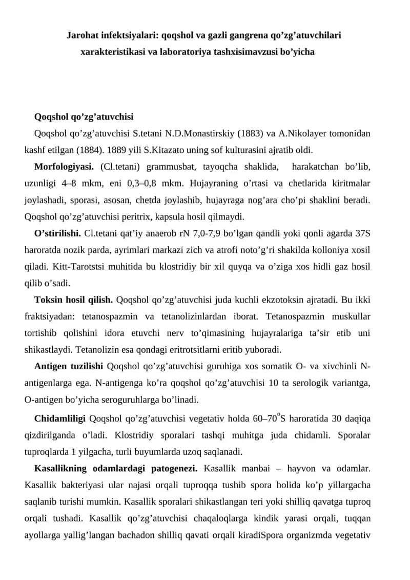 Jarohat infektsiyalari: qoqshol va gazli gangrena qo’zg’atuvchilari xarakteristikasi va laboratoriya tashxisi 1