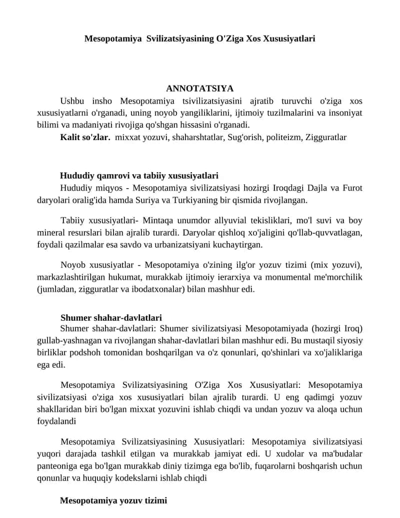 Mesopotamiya Svilizatsiyasining O'Ziga Xos Xususiyatlari 1