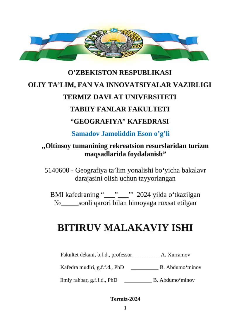 Oltinsoy tumanidagi rekriatsiya resurslaridan turizm maqsadida foydalanish 1