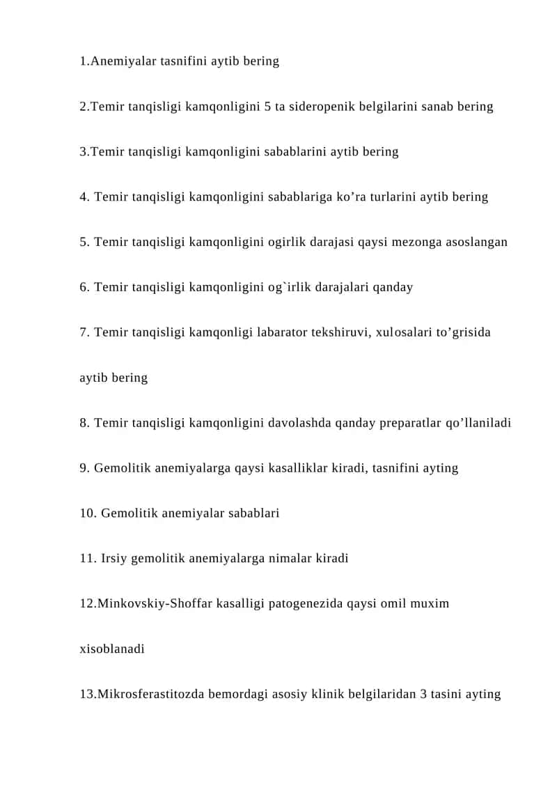 Temir tanqisligi kamqonligini sabablarini aytib bering 1