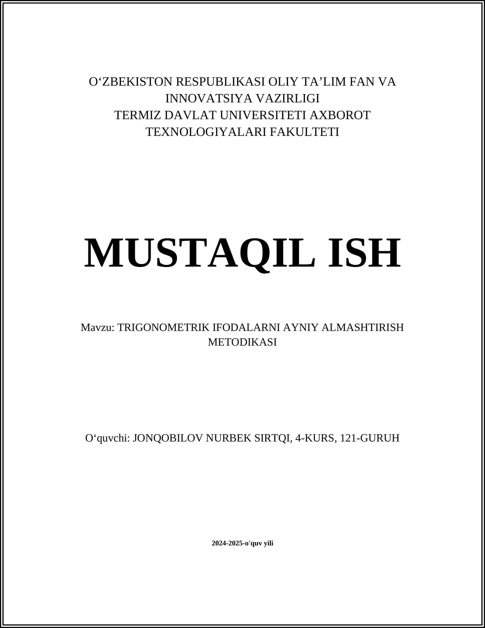TRIGONOMETRIK IFODALARNI AYNIY ALMASHTIRISH METODIKASI 1