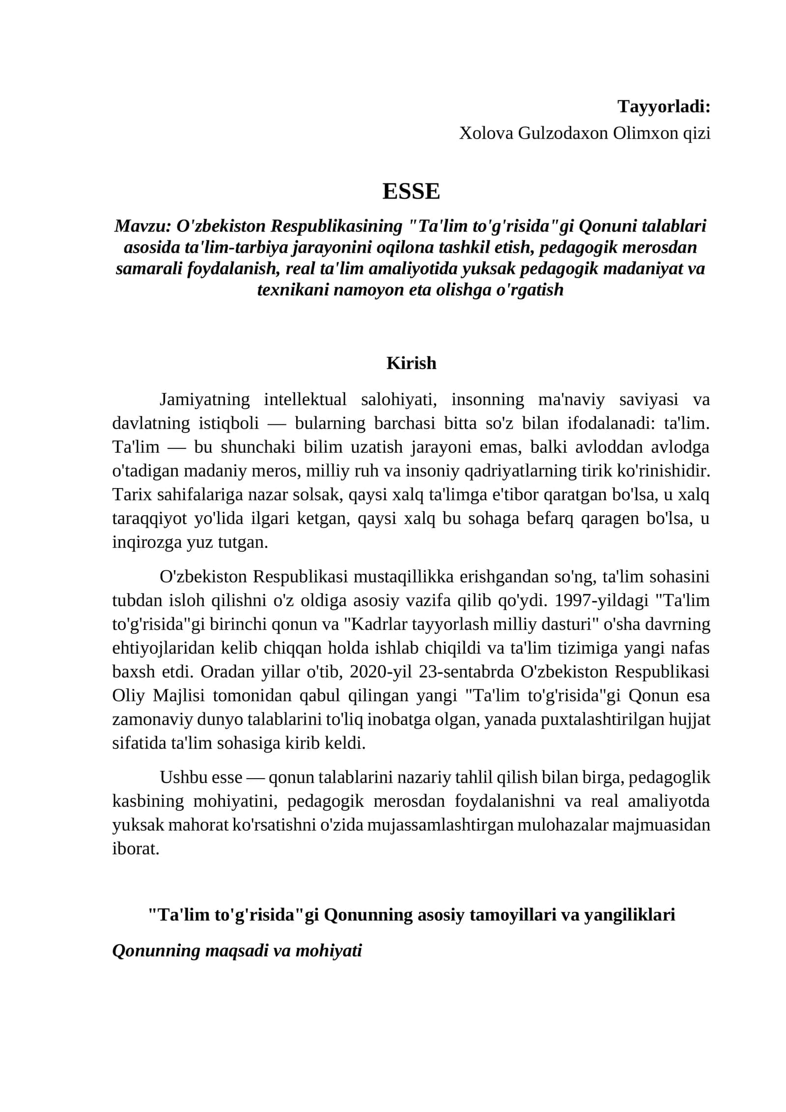 O'zbekiston Respublikasining "Ta'lim to'g'risida"gi Qonuni talablari asosida ta'lim-tarbiya jarayoni 1