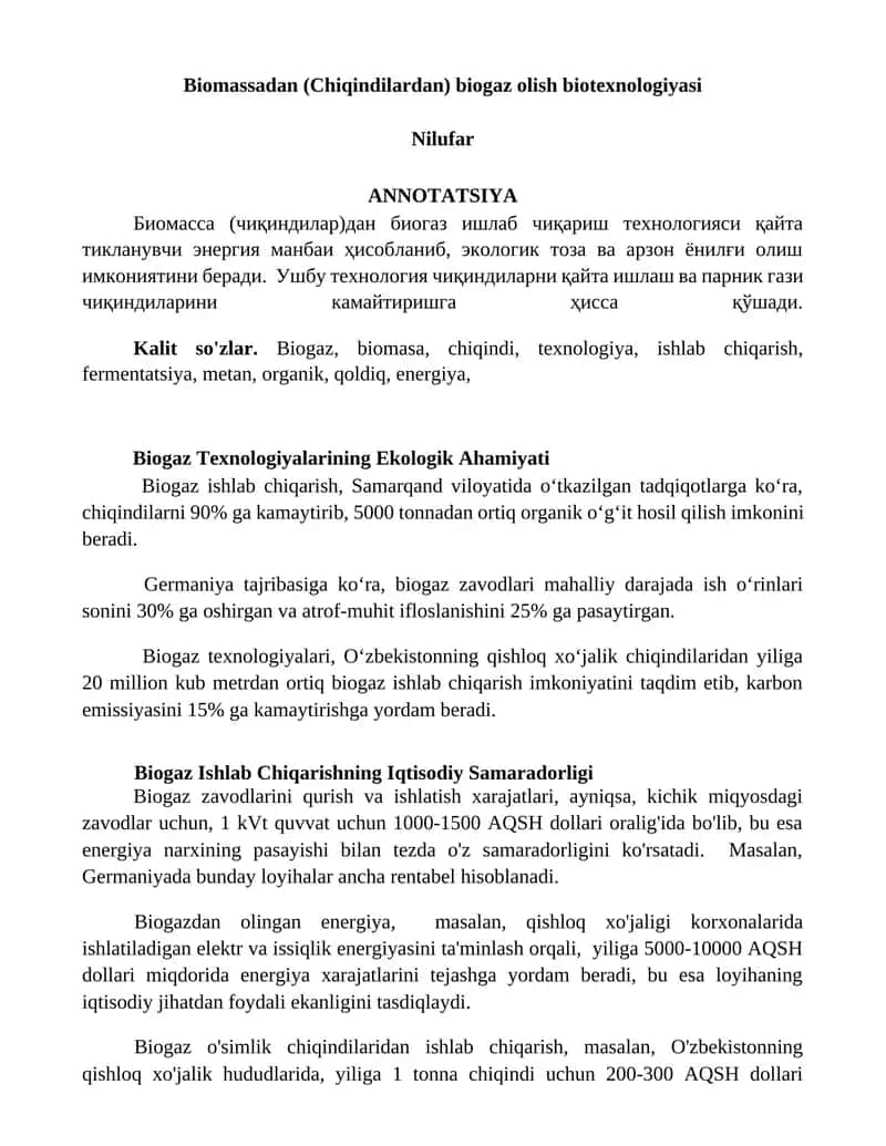 Biomassadan (Chiqindilardan) biogaz olish biotexnologiyasi 1