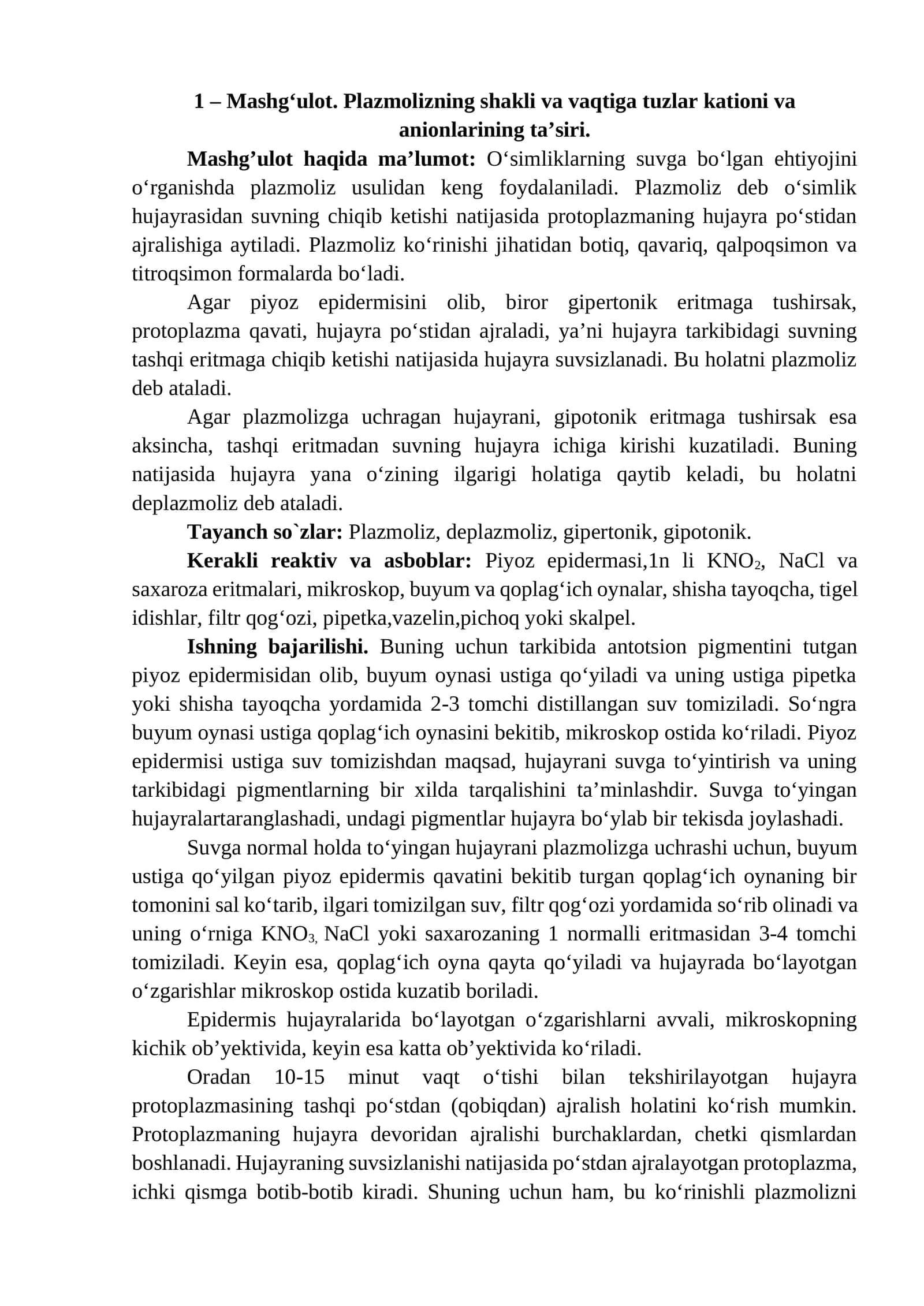 Plazmolizning shakli va vaqtiga tuzlar kationi va anionlarining ta’siri 1