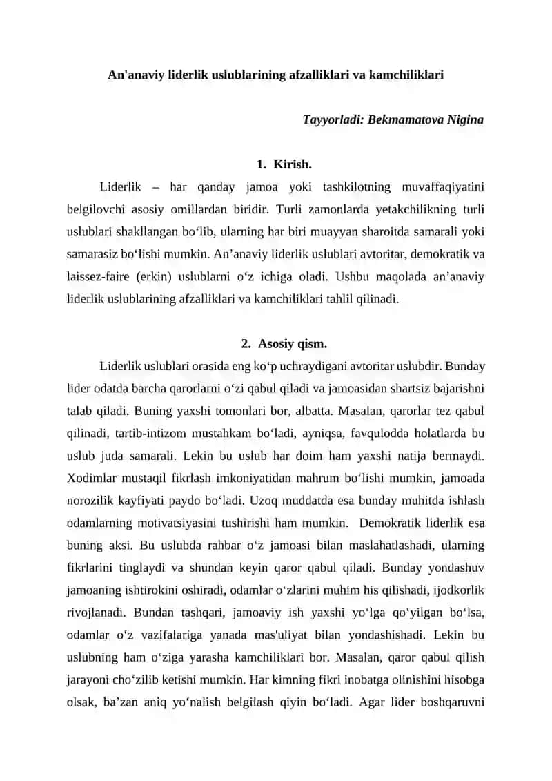 An'anaviy liderlik uslublarining afzalliklari va kamchiliklari