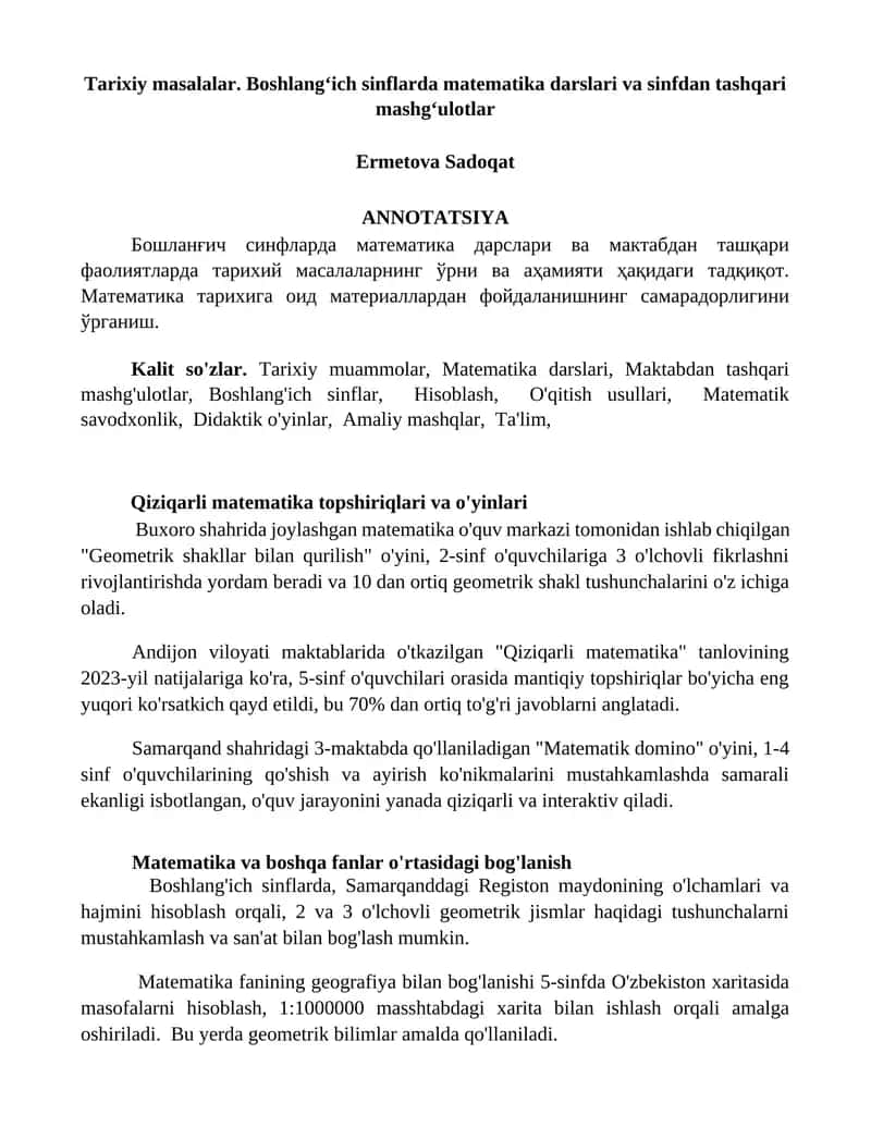 Qiziqarli matematika topshiriqlari va o'yinlari 1