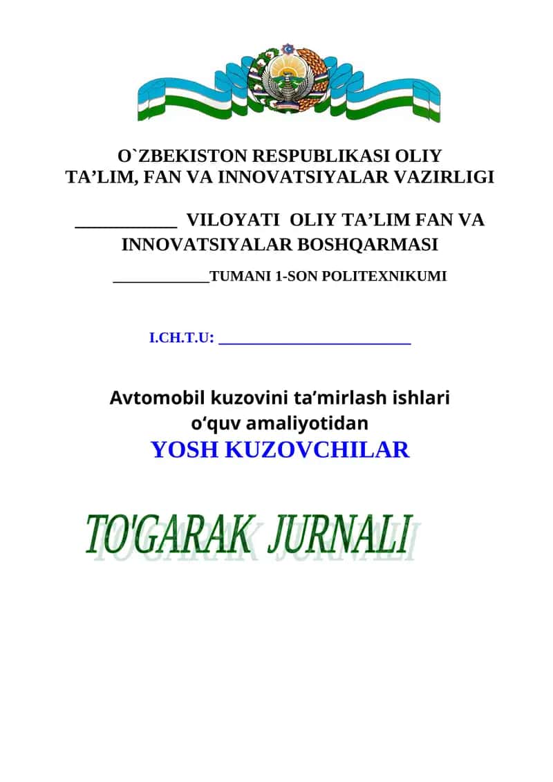 ishlab chiqarish ta'lim ustalari uchunTo'garak jurnal Politehnikum 1-kurs Avtomobil kuzovini ta'mirlash 2026 1