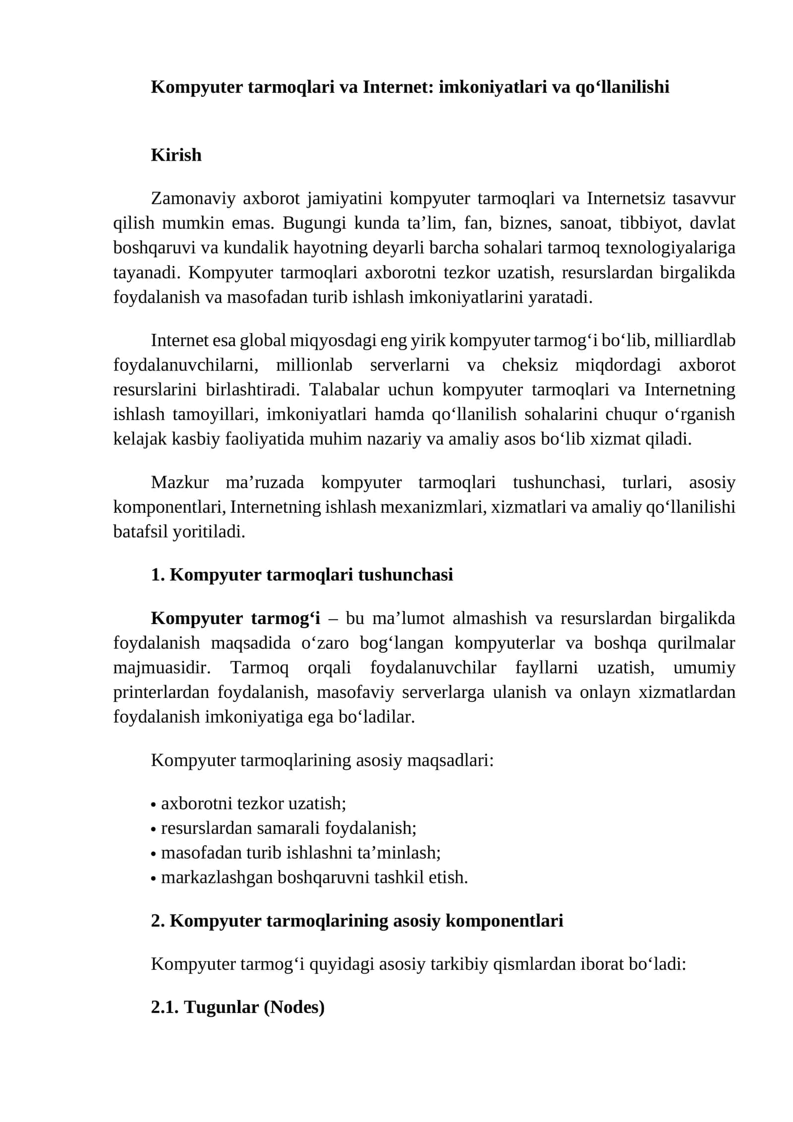 Kompyuter tarmoqlari va Internet: imkoniyatlari va qo‘llanilishi 1