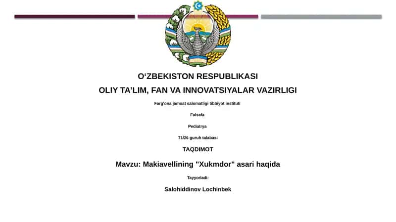 Makiavellining "Xukmdor" asari haqida 1