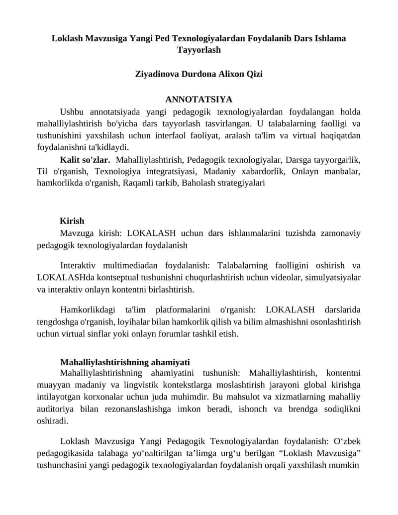 Loklash Mavzusiga Yangi Ped Texnologiyalardan Foydalanib Dars Ishlama Tayyorlash 1