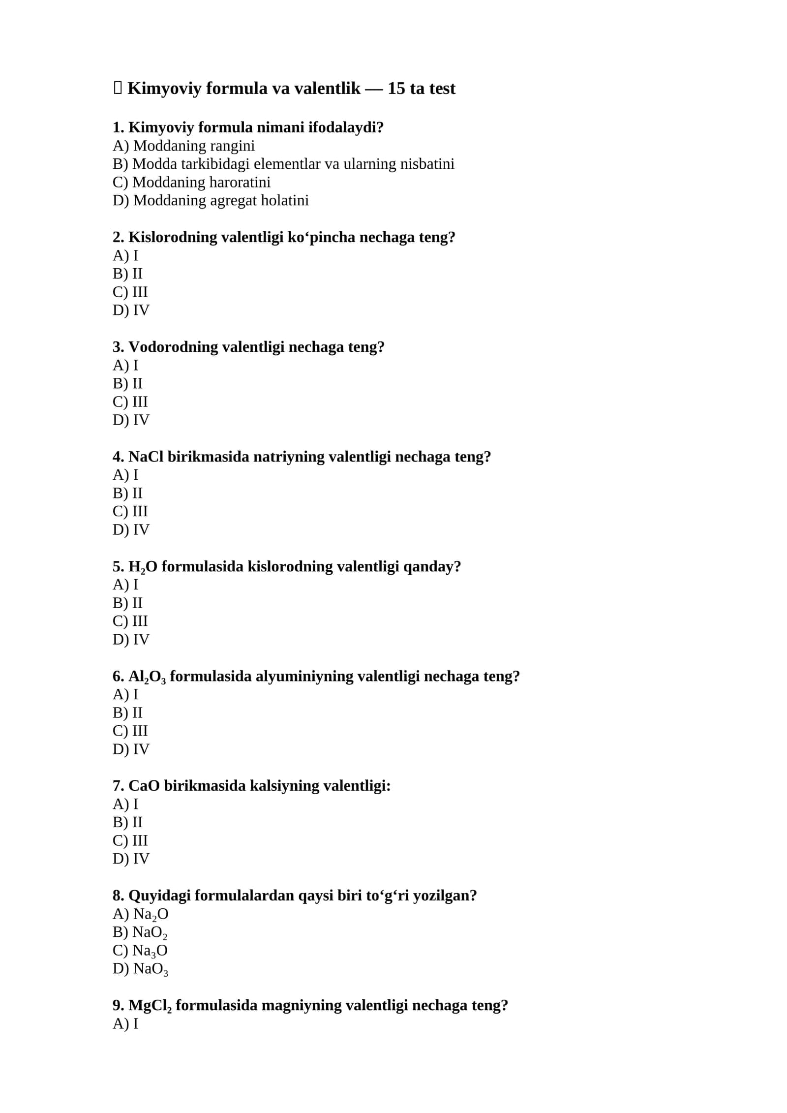 Kimyoviy formula va valentlik — 15 ta test 1