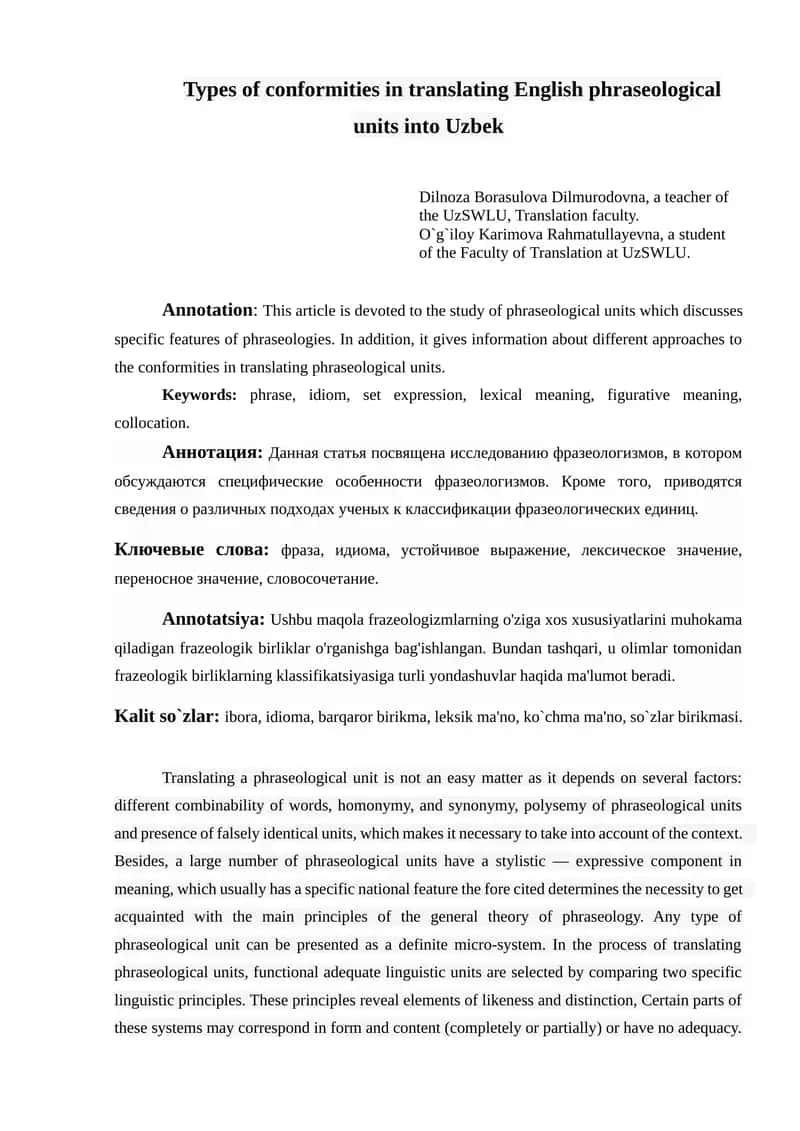 Types of conformities in translating English phraseological units into Uzbek 1