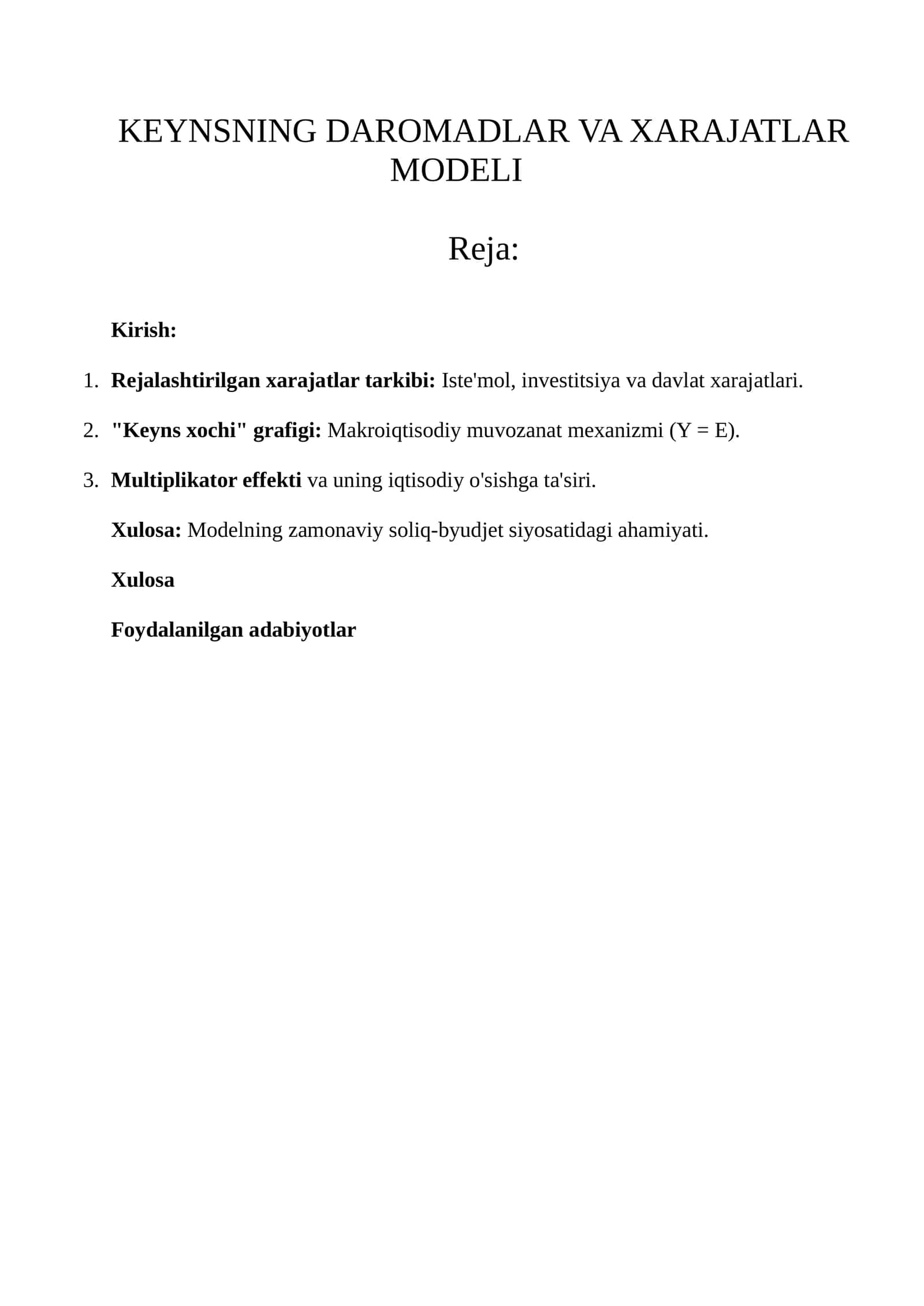 KEYNSNING DAROMADLAR VA XARAJATLAR MODELI 1