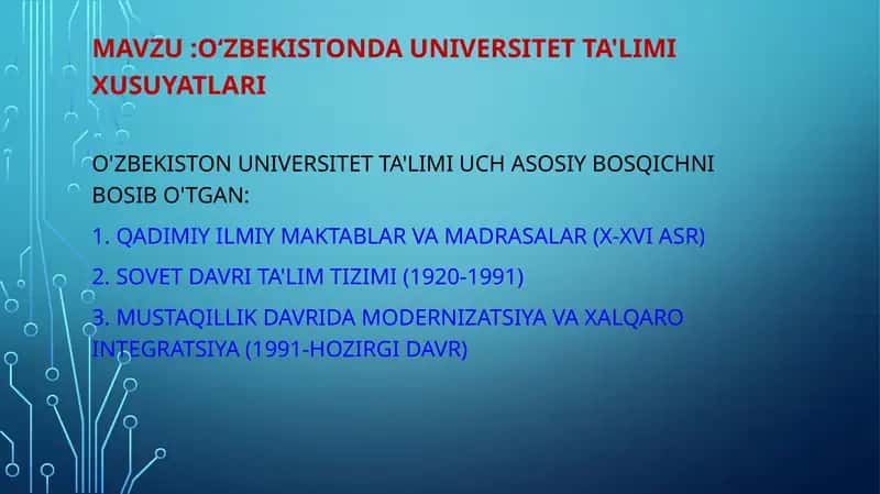 O'zbekistonda Universitet ta'limi xusuyatlari 1