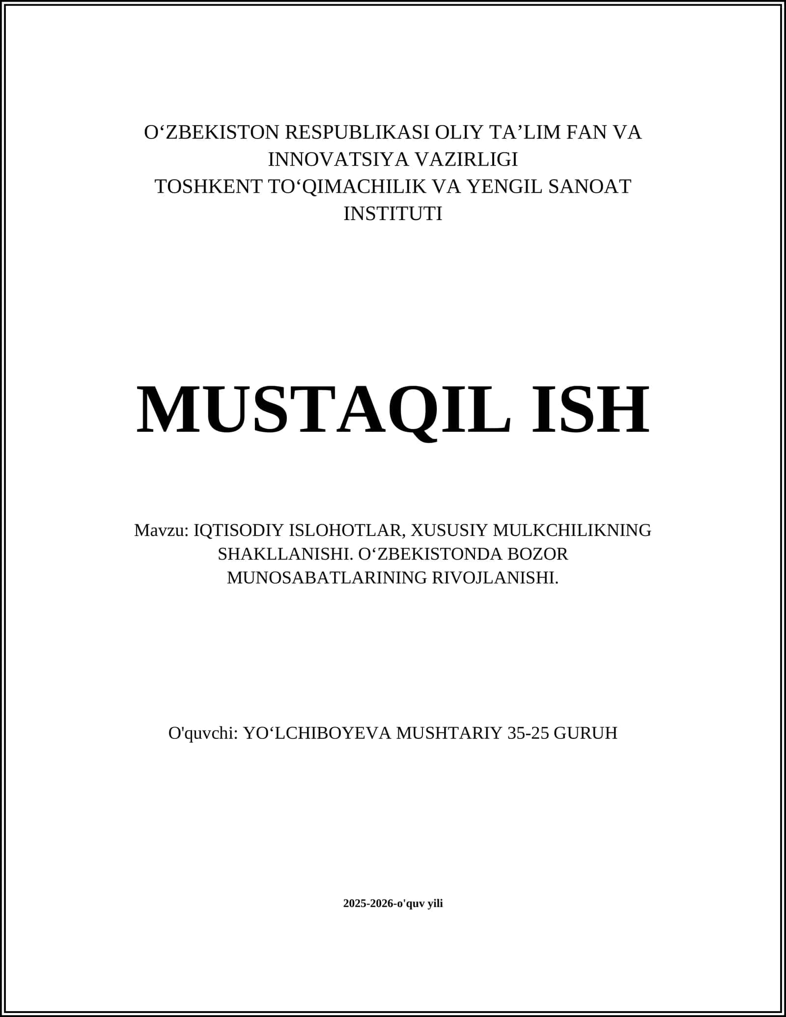 IQTISODIY ISLOHOTLAR, XUSUSIY MULKCHILIKNING SHAKLLANISHI 1