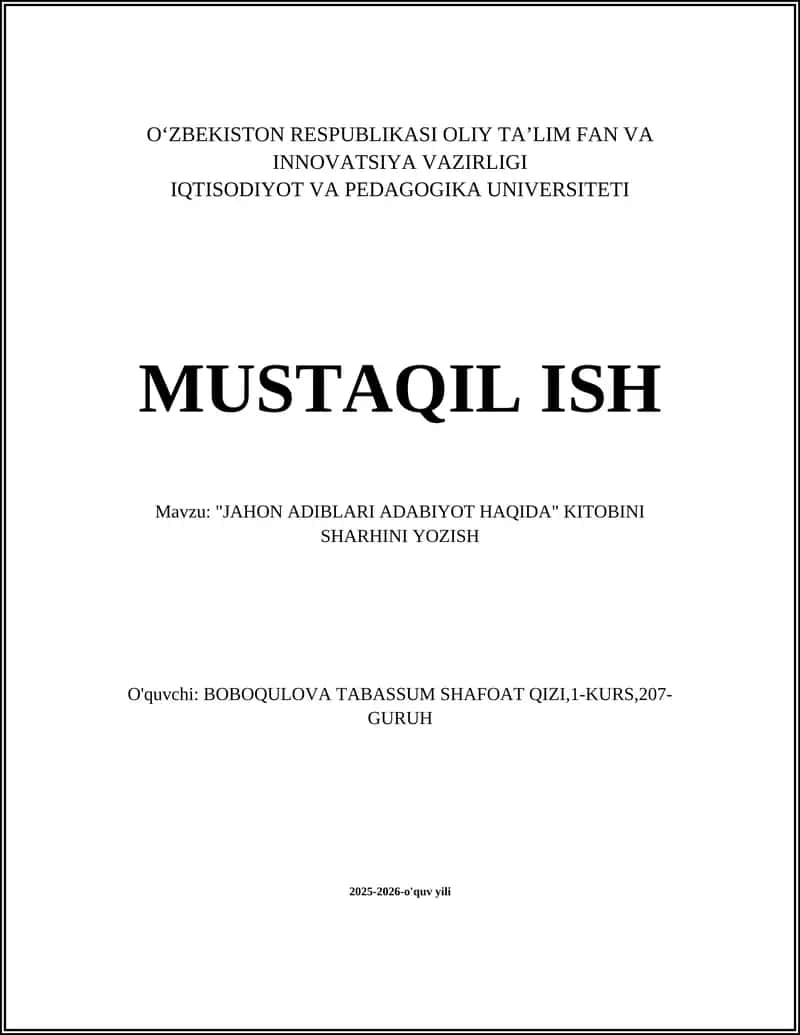 "JAHON ADIBLARI ADABIYOT HAQIDA" KITOBINI SHARHINI YOZISH 1