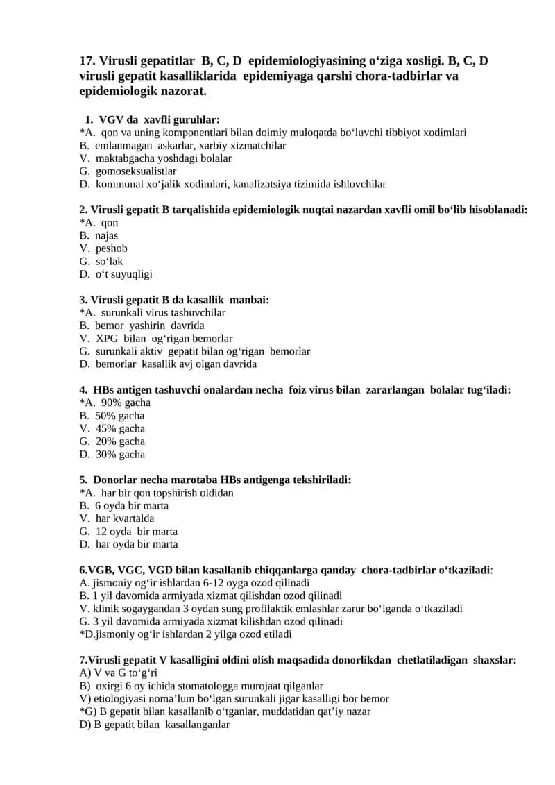 Virusli gepatitlar B, C, D epidemiologiyasining o‘ziga xosligi. B, C, D virusli gepatit kasalliklarida epidemiyaga qarshi chora-tadbirlar va epidemiologik nazorat 1